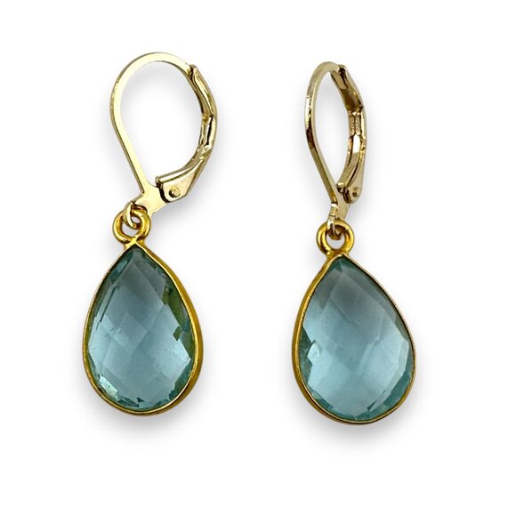 Aquamarine Earrings 18KT Gold Filled Leverbacks Vermeil Bezel Setting - Picture 10 of 13
